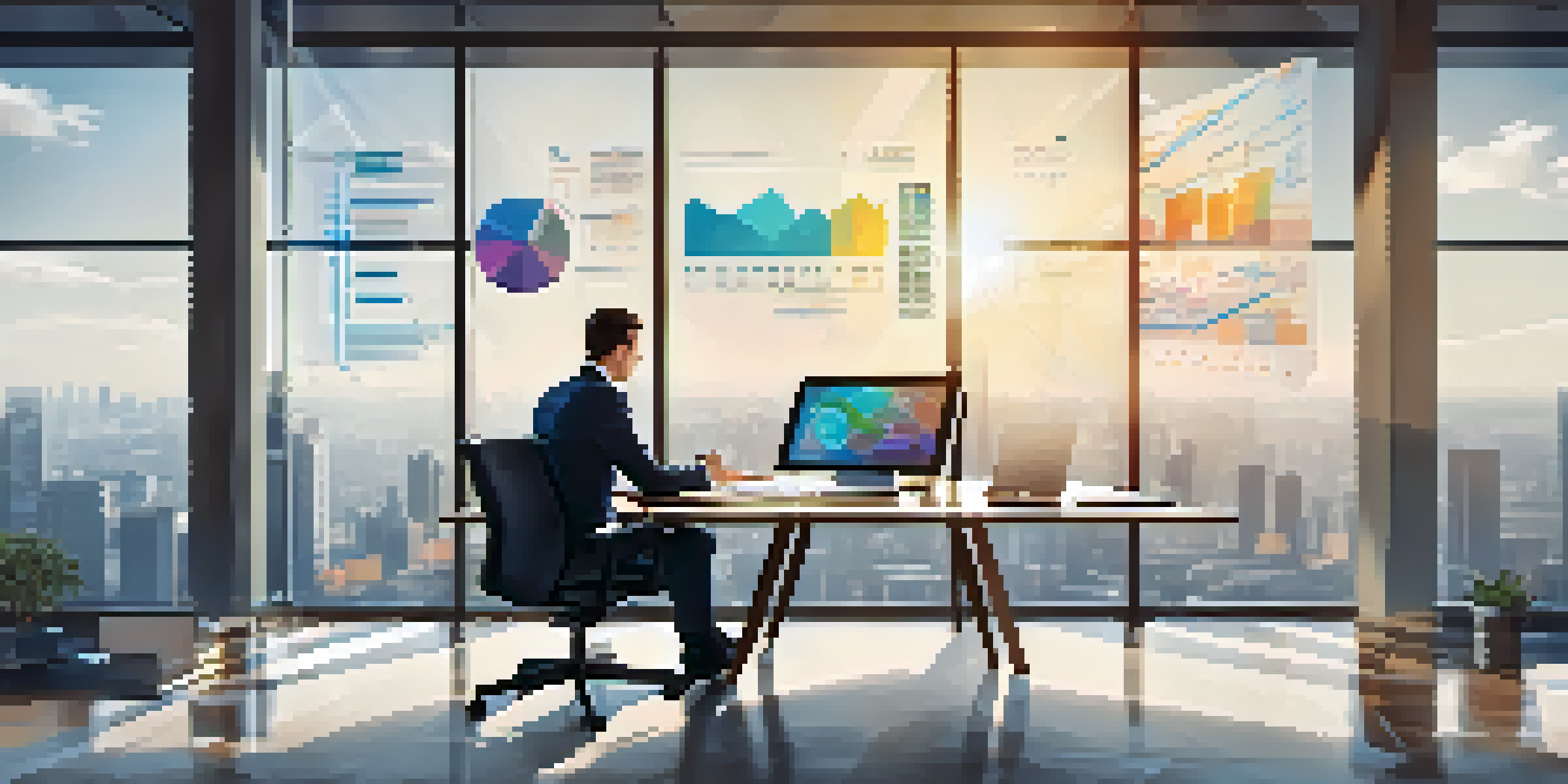 A business professional looking at a tablet displaying graphs and charts, with a modern office view of a city skyline.