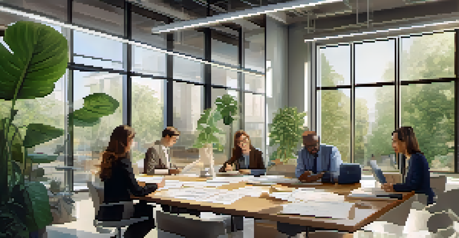 A diverse group of professionals in an office discussing ethical supply chain strategies, with documents and charts on a table.