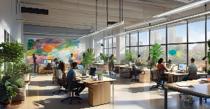 A bright and modern flexible workspace with diverse employees collaborating around a table, surrounded by plants and natural light.