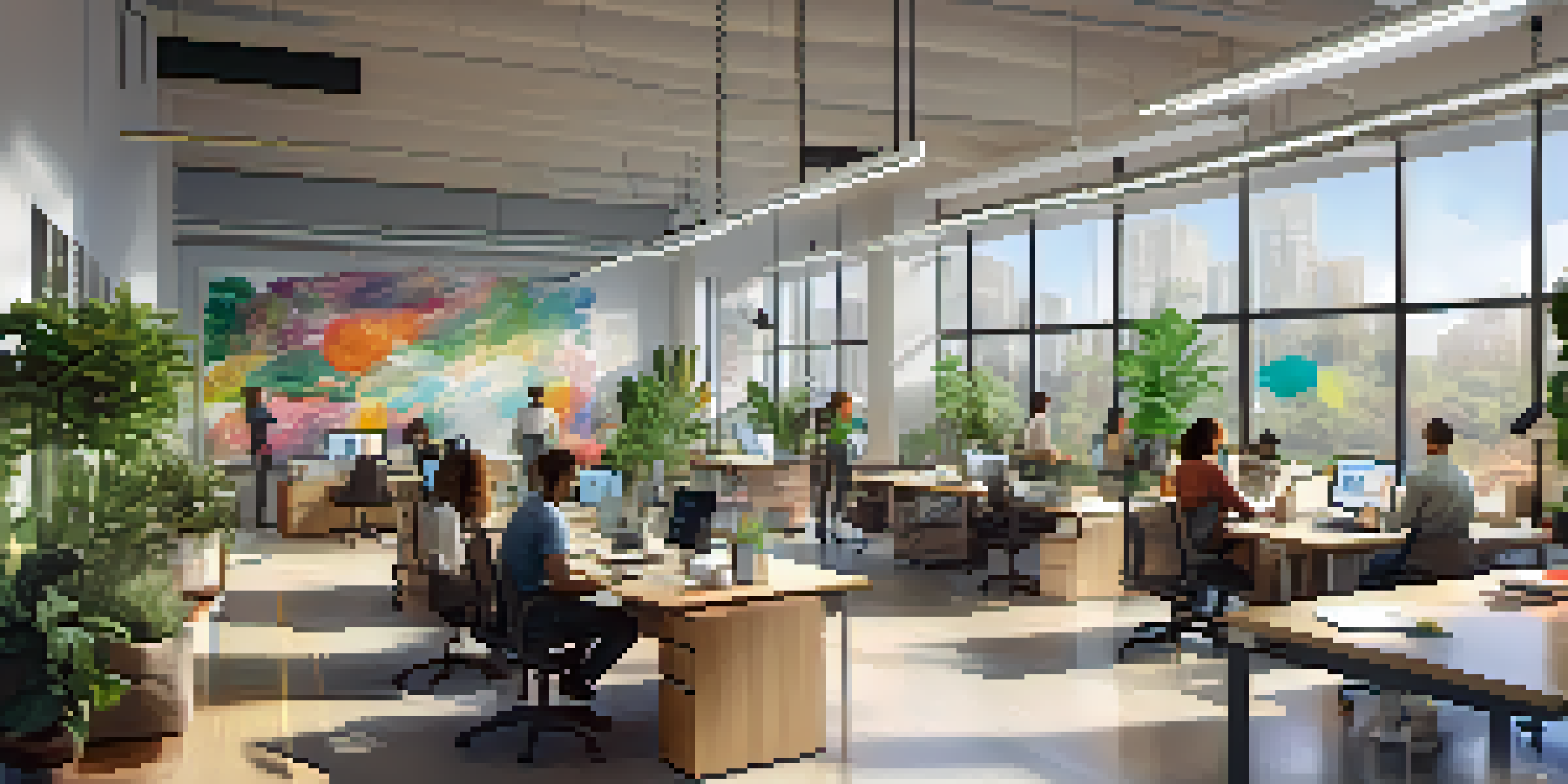 A bright and modern flexible workspace with diverse employees collaborating around a table, surrounded by plants and natural light.