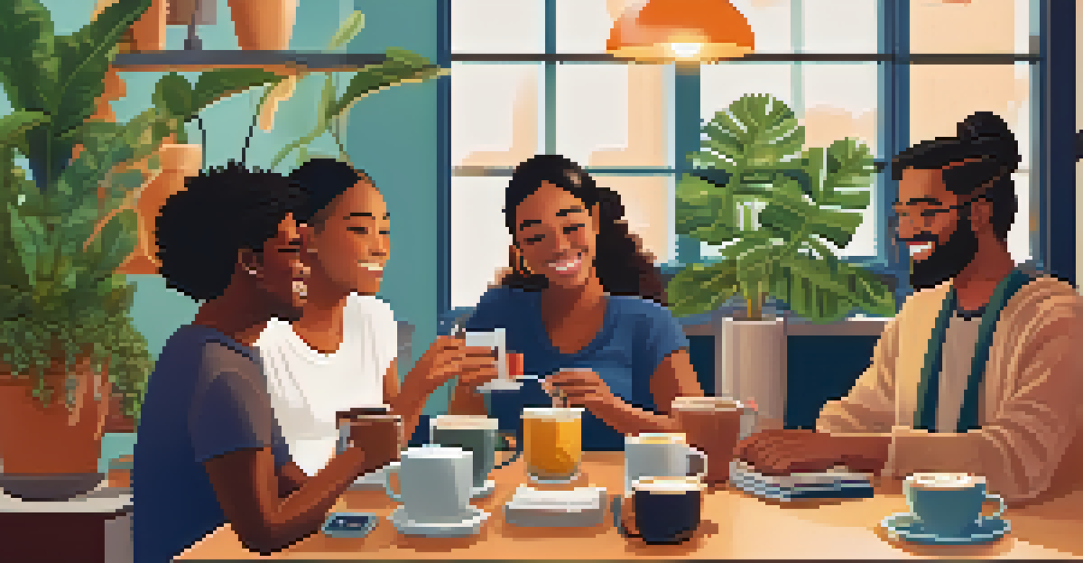 A virtual coffee break with team members smiling and enjoying coffee in a cozy setting.