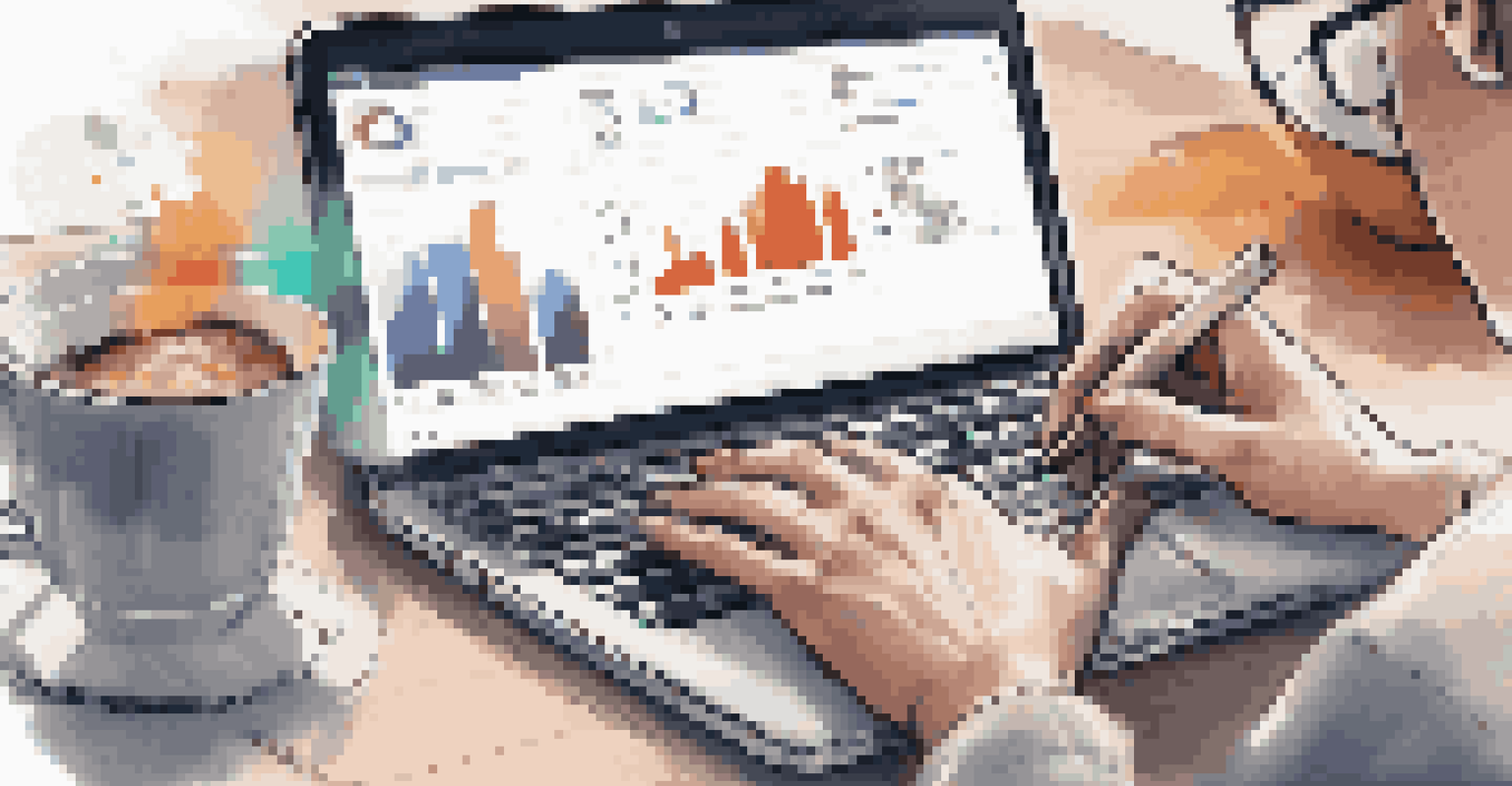Close-up of hands typing on a laptop with colorful graphs on the screen and a cup of coffee beside it.