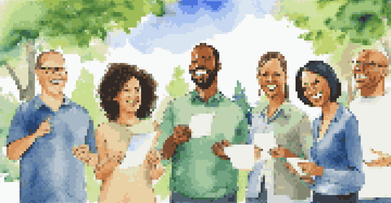 A diverse team of employees enjoying a team-building exercise outdoors with trees and a clear sky in the background.