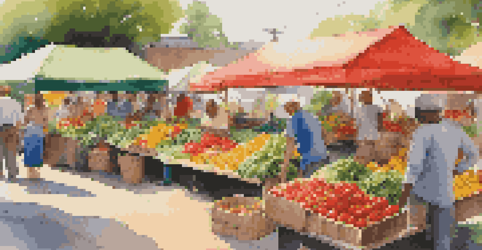 A lively outdoor market filled with colorful fresh produce and people interacting.