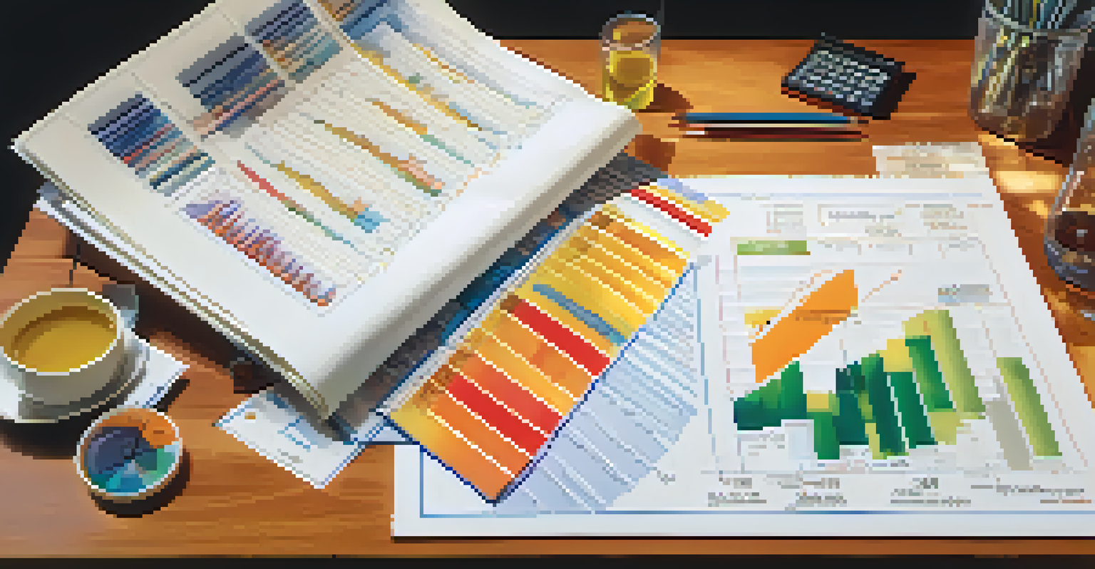 A transparent balance sheet displaying colorful graphs and charts over a desk with financial documents and a warm desk lamp.