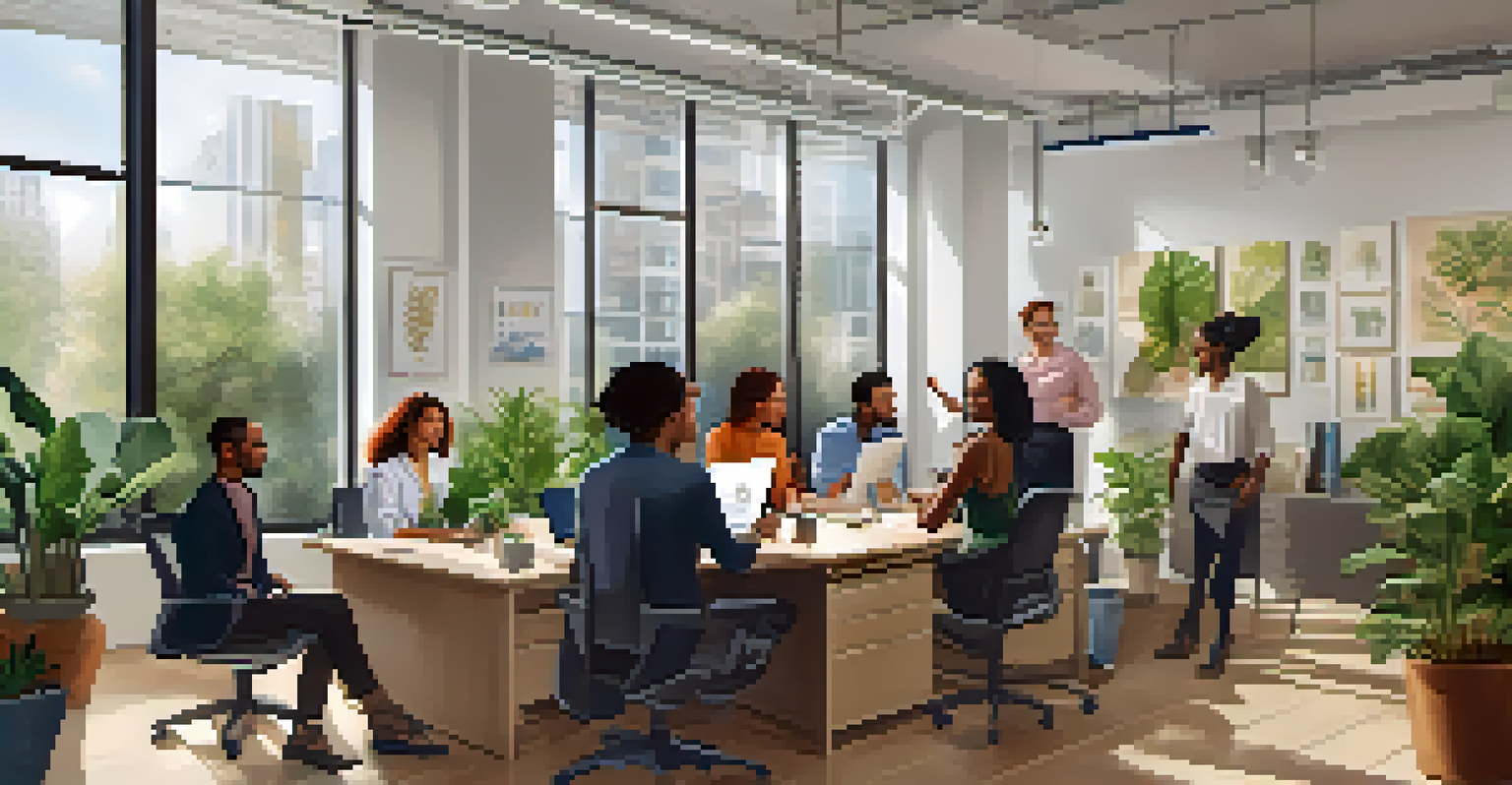 A diverse team of professionals collaborating in a bright office filled with plants.