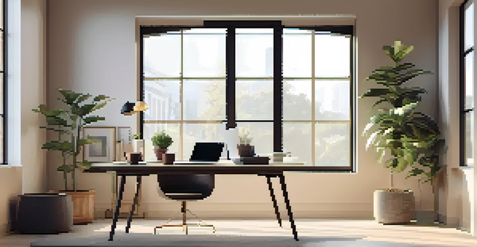 A modern workspace with a laptop on a sleek desk, a potted plant, and a coffee cup, bathed in natural light from a large window.