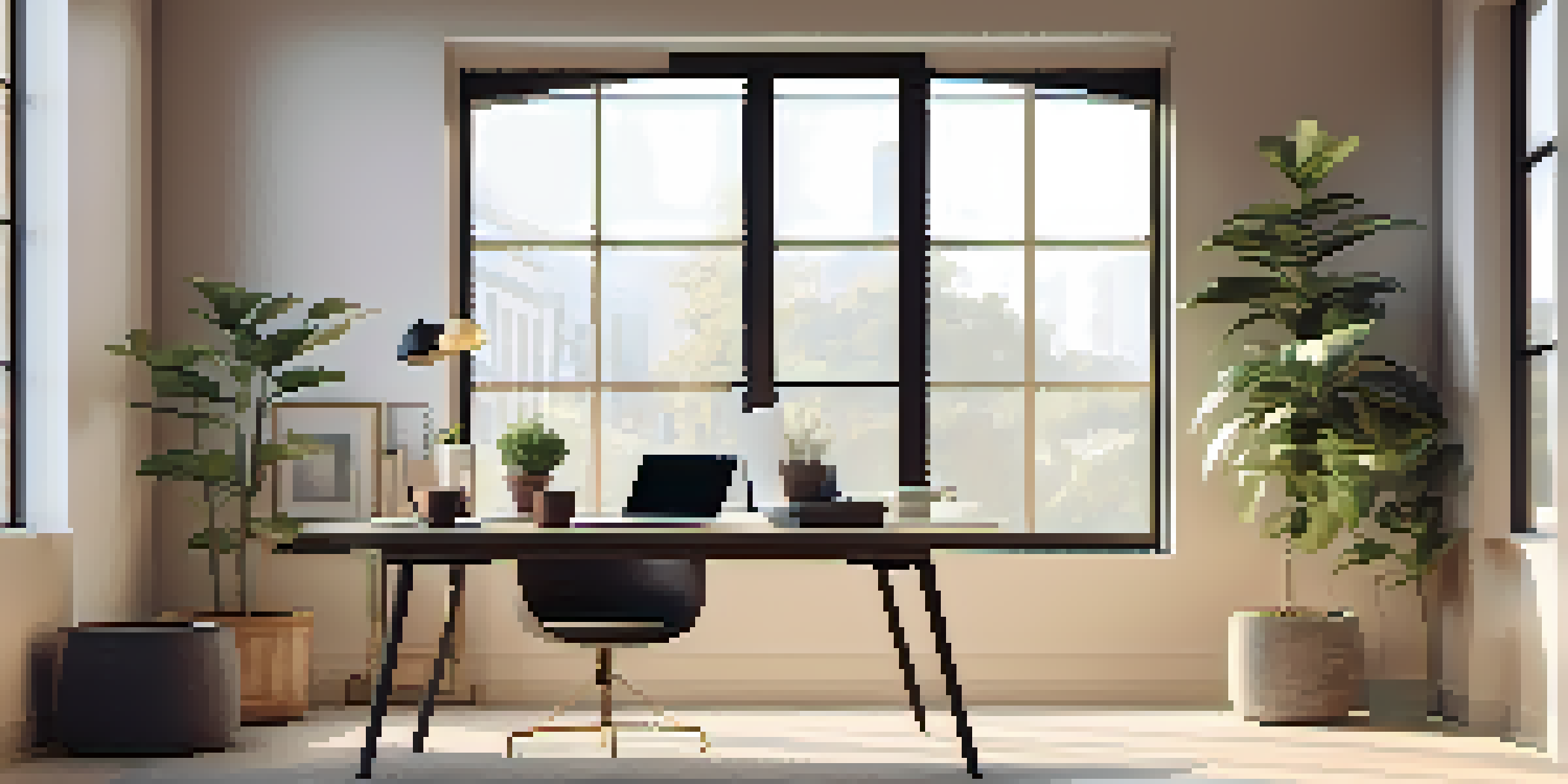A modern workspace with a laptop on a sleek desk, a potted plant, and a coffee cup, bathed in natural light from a large window.