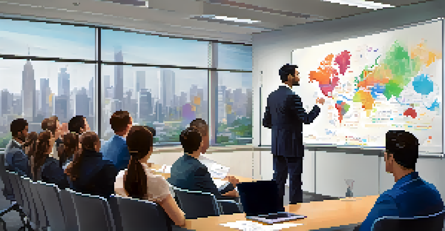 A confident leader speaking to engaged employees during a training session in a modern conference room with a city view.