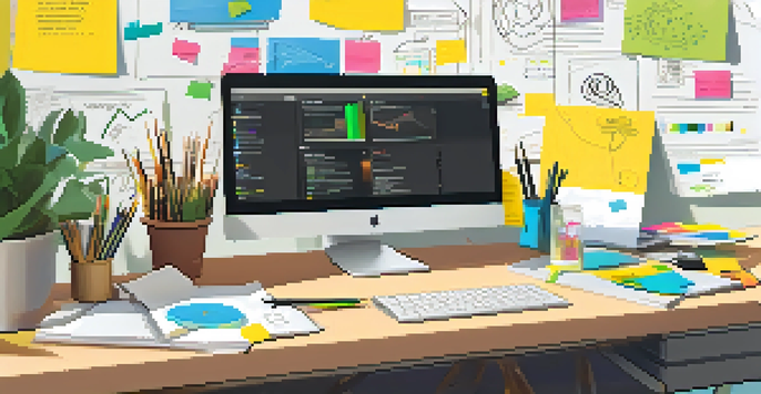 A bright and modern workspace with a laptop, coffee cup, and colorful post-it notes on the wall, representing a brainstorming session for a product launch.