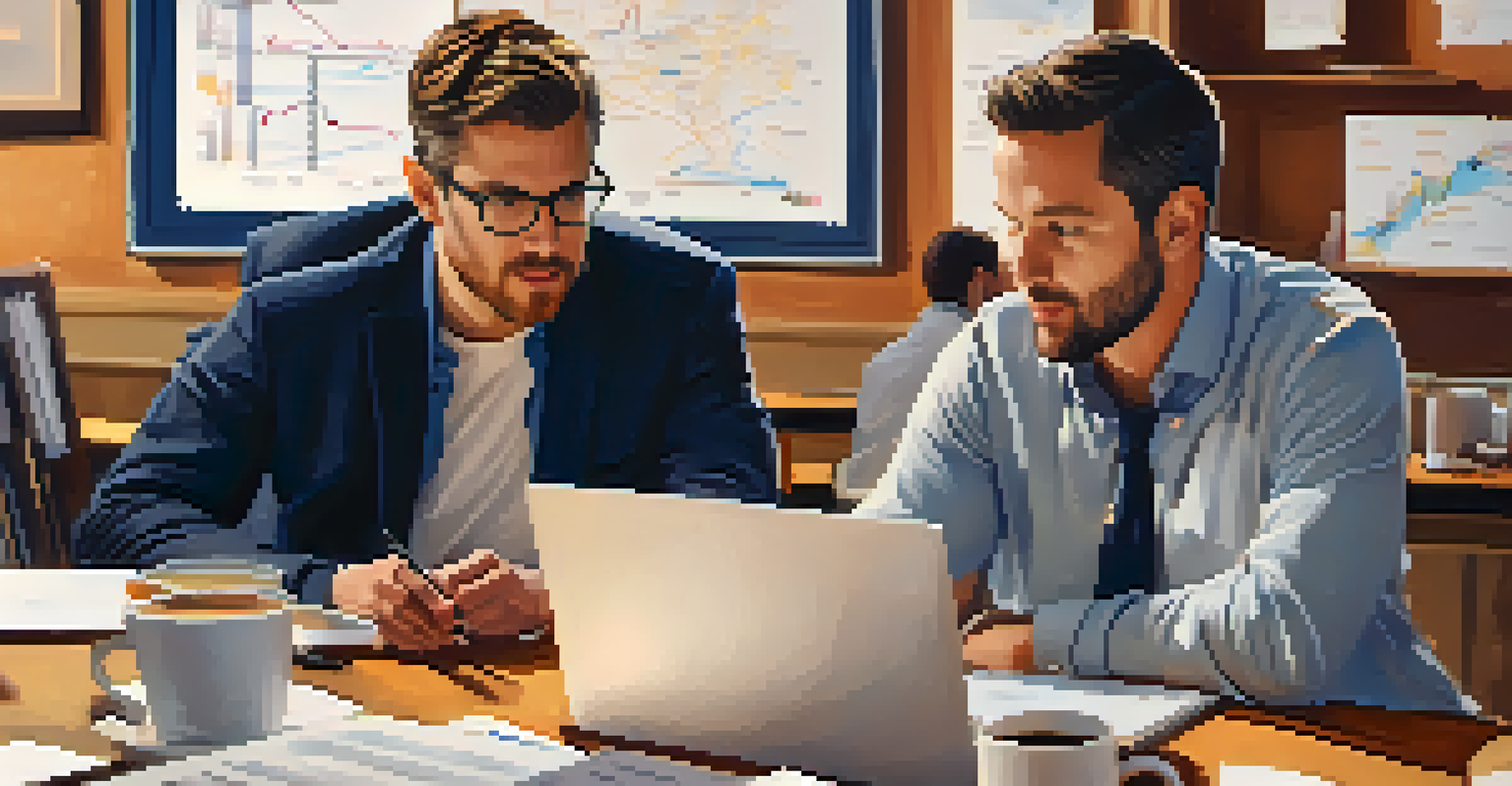A mentor and startup founder discussing ideas in a cozy office, with charts and laptops around them, creating a warm, productive environment.