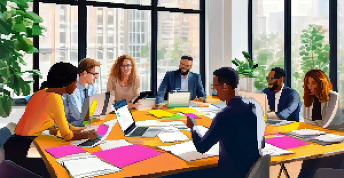 A group of diverse professionals collaborating in a bright conference room, surrounded by sticky notes and technology.
