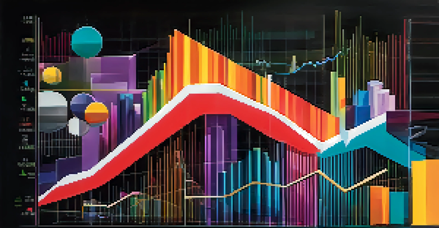 An abstract image showing colorful bar graphs, line charts, and pie charts on a dark background, symbolizing financial growth.