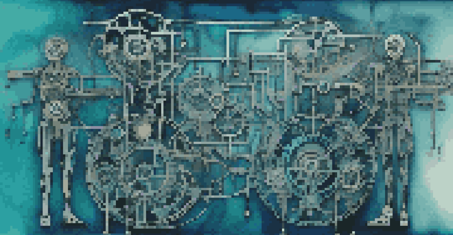 An abstract image showing gears and circuits intertwined with human silhouettes against a gradient background, symbolizing automation in business.