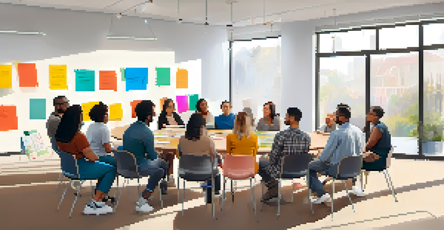 A diverse group of individuals in a circle at a workshop, discussing brand values and authenticity in a bright, inviting room with a whiteboard in the background.