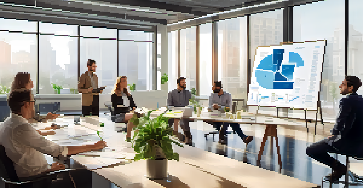 A diverse group of professionals in a meeting discussing sustainability, with charts displayed.