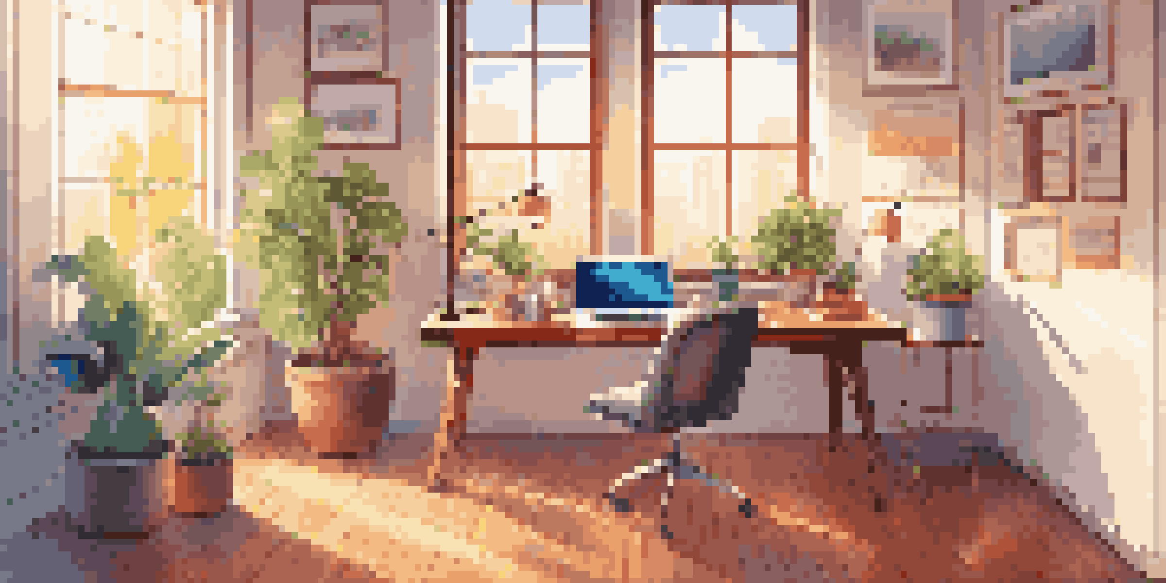 A bright and colorful workspace with a desk, laptop, stationery, and plants, illuminated by sunlight.