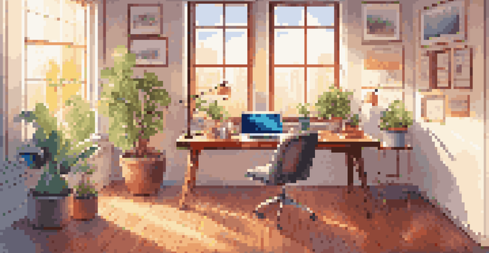 A bright and colorful workspace with a desk, laptop, stationery, and plants, illuminated by sunlight.