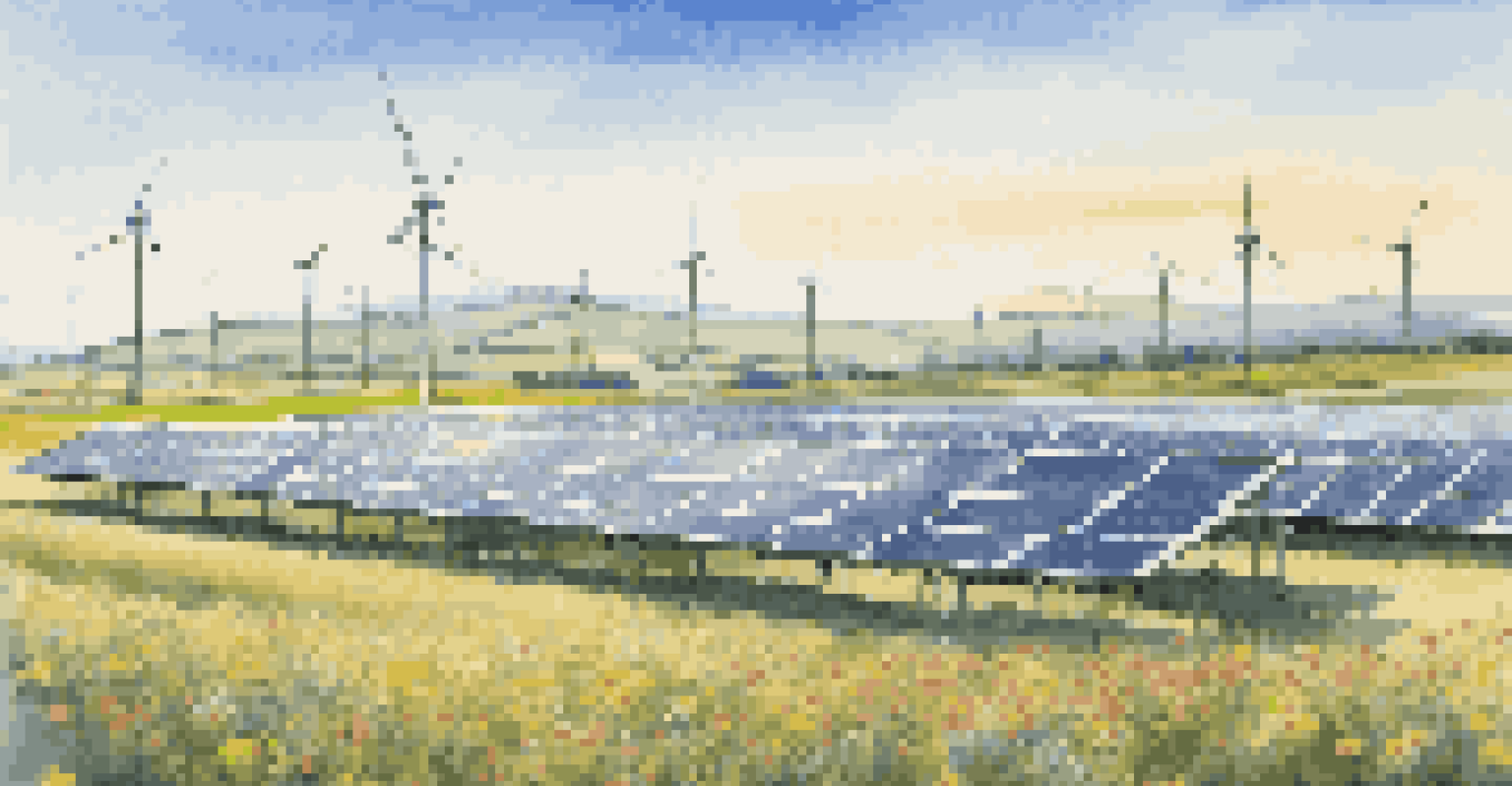 A beautiful solar farm with solar panels and wind turbines in a scenic landscape, symbolizing renewable energy.