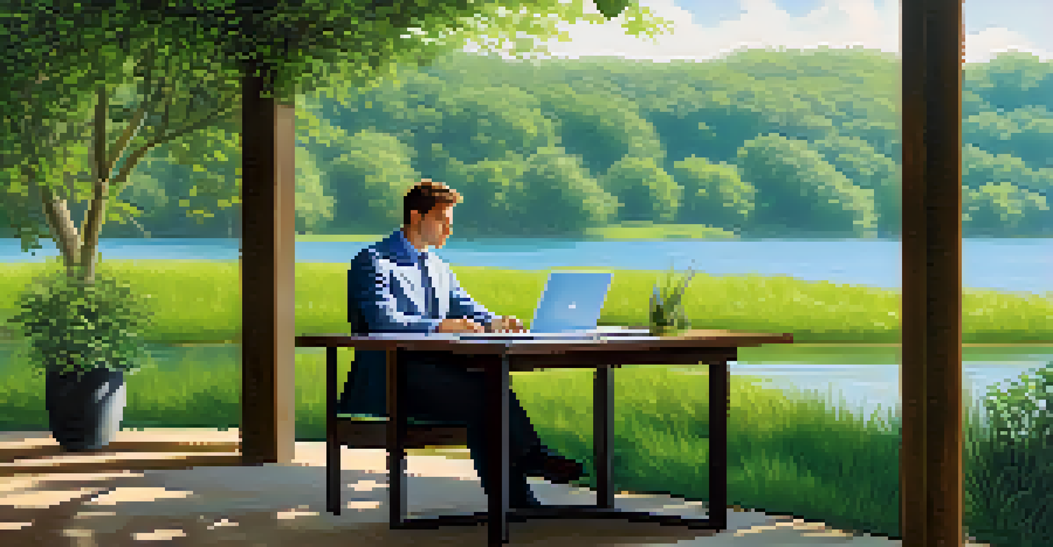 A business person sitting outdoors with a laptop analyzing data, surrounded by greenery and a calm lake, conveying a sense of tranquility.