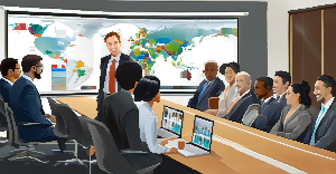 A diverse group of professionals in a video conference, smiling and discussing around a modern conference table with a world map on the screen in the background.