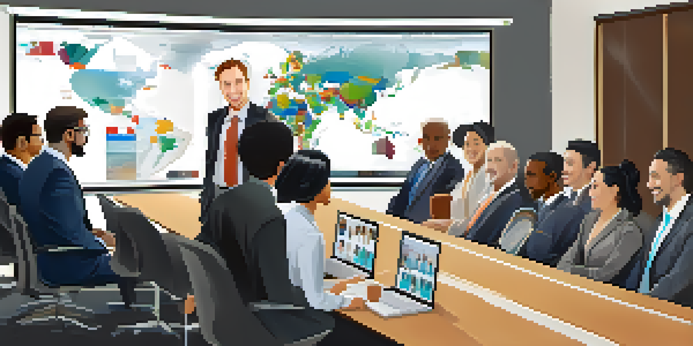 A diverse group of professionals in a video conference, smiling and discussing around a modern conference table with a world map on the screen in the background.