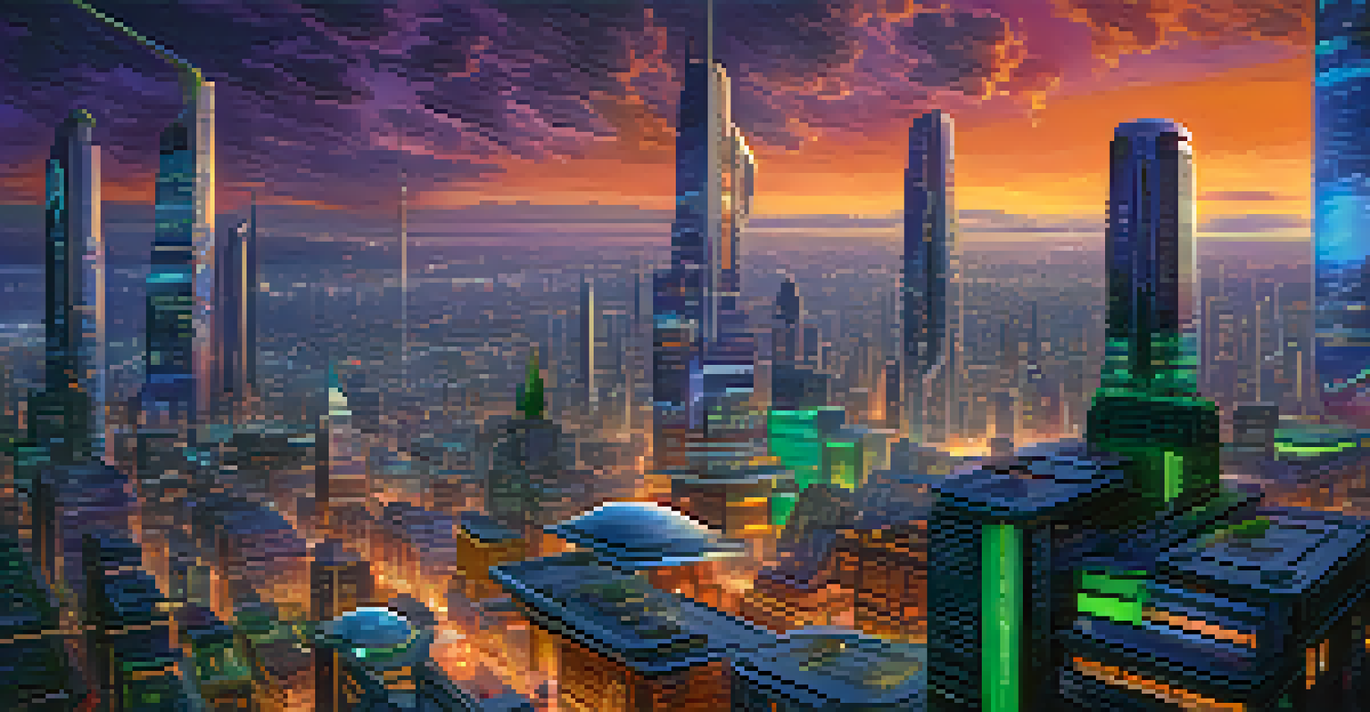 A vibrant city skyline at sunset with futuristic skyscrapers and flying vehicles, showcasing a mix of colors in the sky.