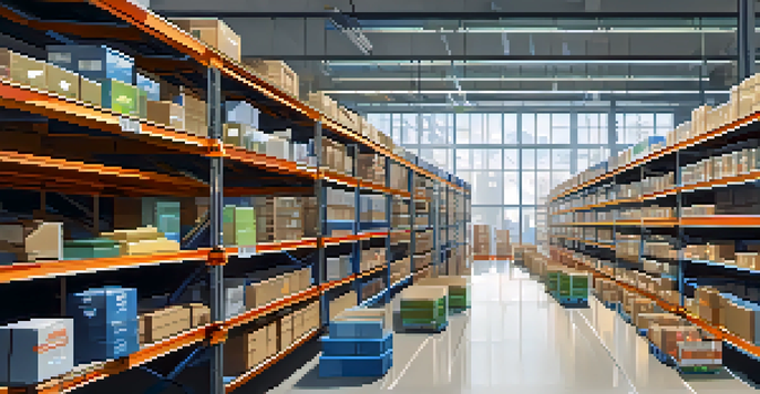 An automated warehouse with robotic arms picking and packing items, illuminated by natural light, with organized shelves in the background.