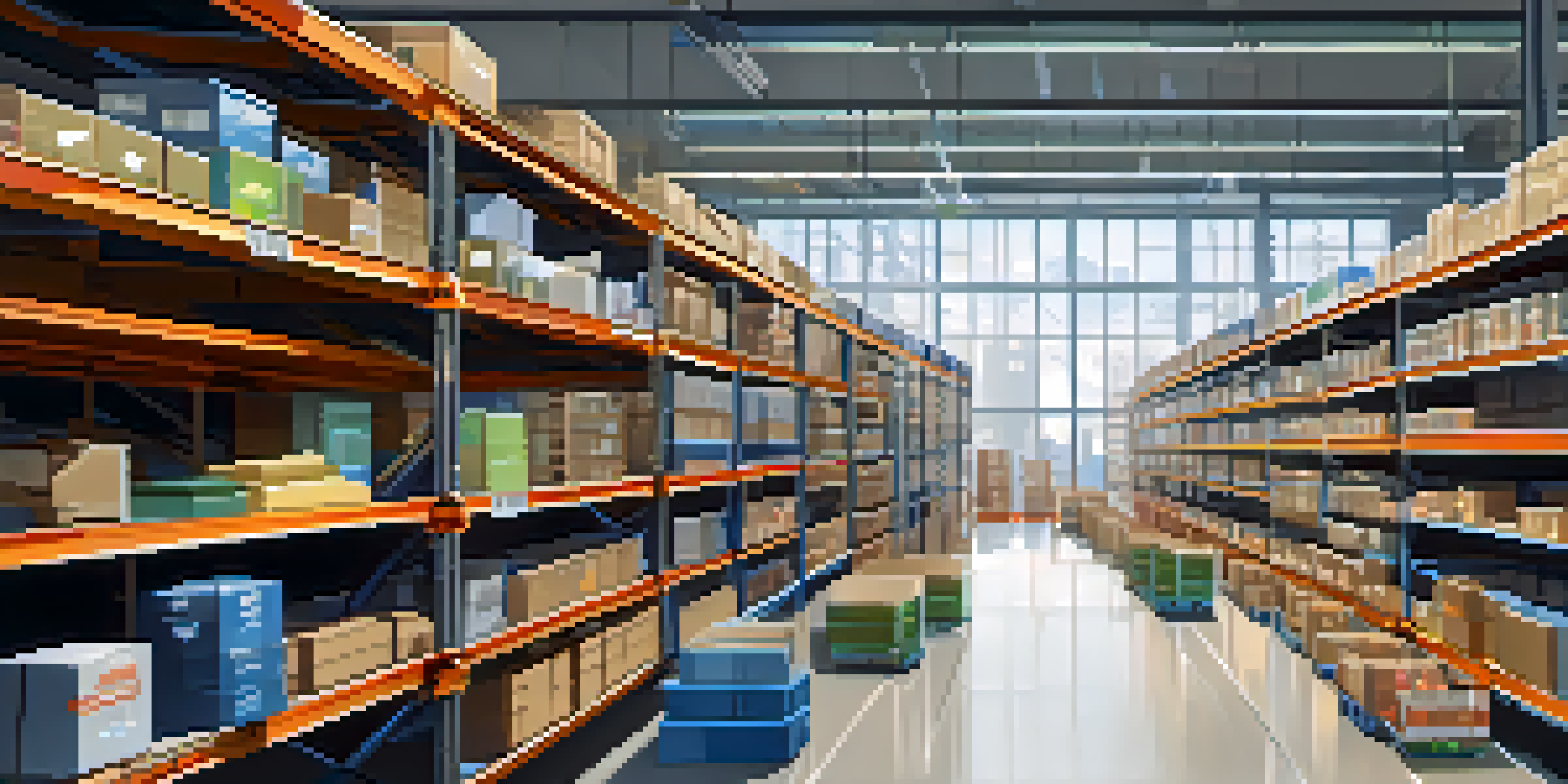 An automated warehouse with robotic arms picking and packing items, illuminated by natural light, with organized shelves in the background.