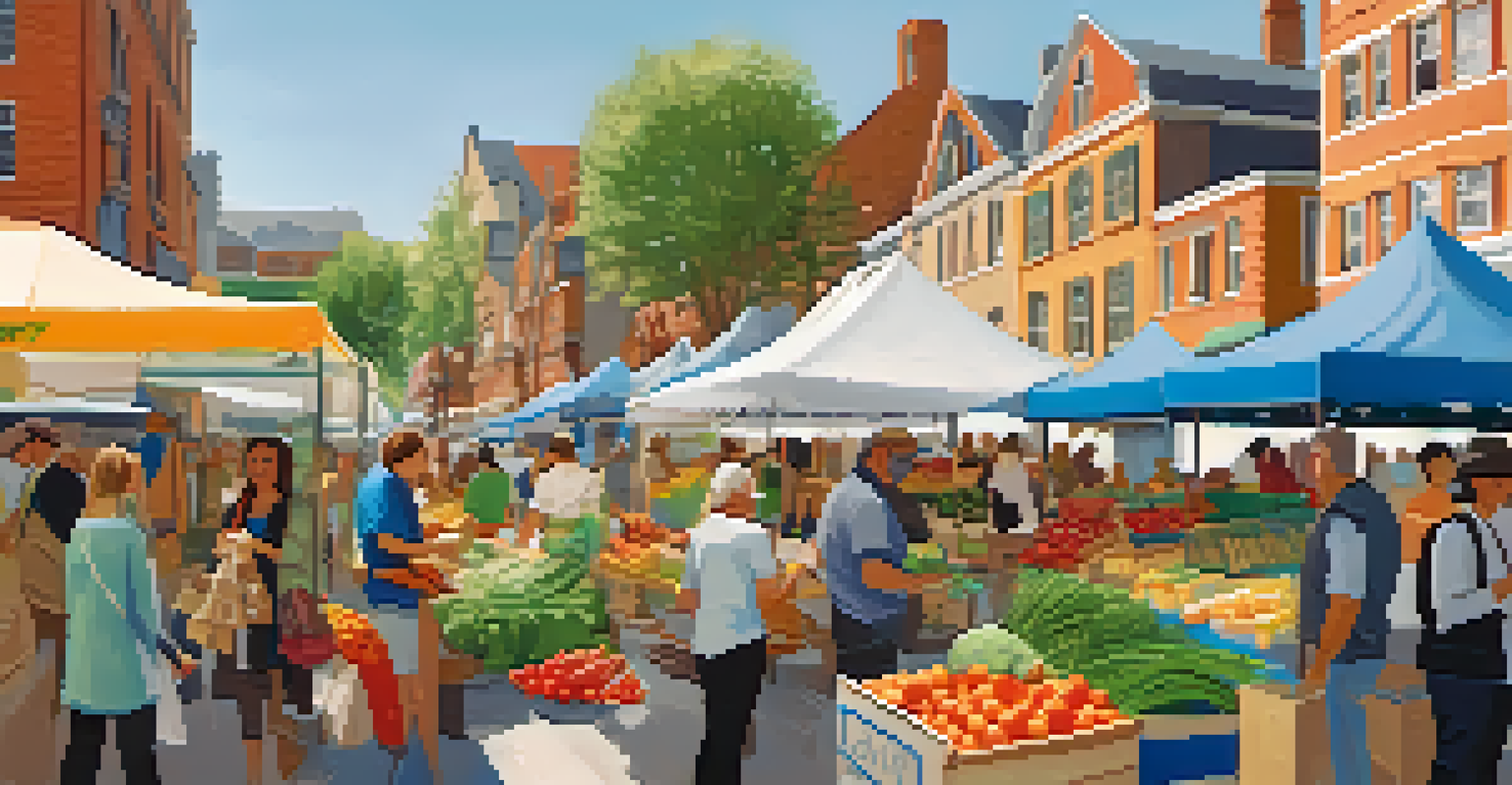 A bustling outdoor market with vendors selling local produce and eco-friendly products, promoting sustainability.