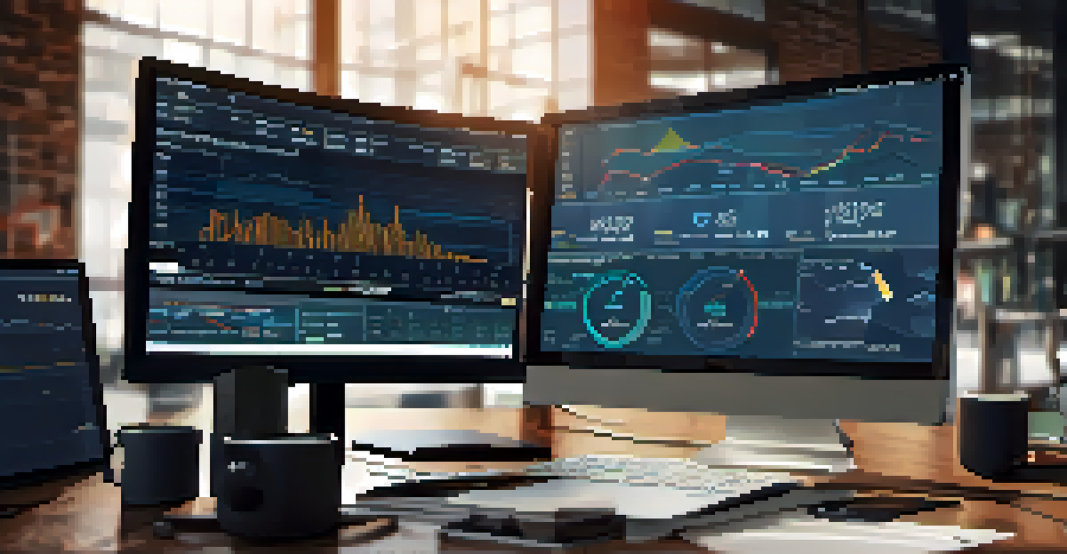 Close-up of a digital dashboard showing trade analytics with graphs and charts, surrounded by office items.