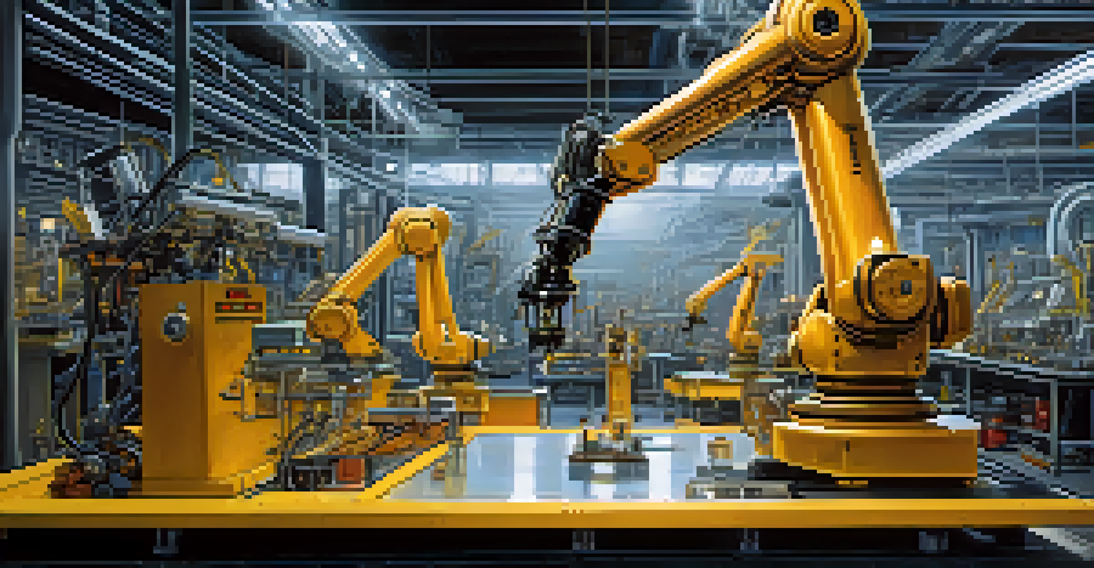 A robotic arm working meticulously in a factory, surrounded by machines and tools.