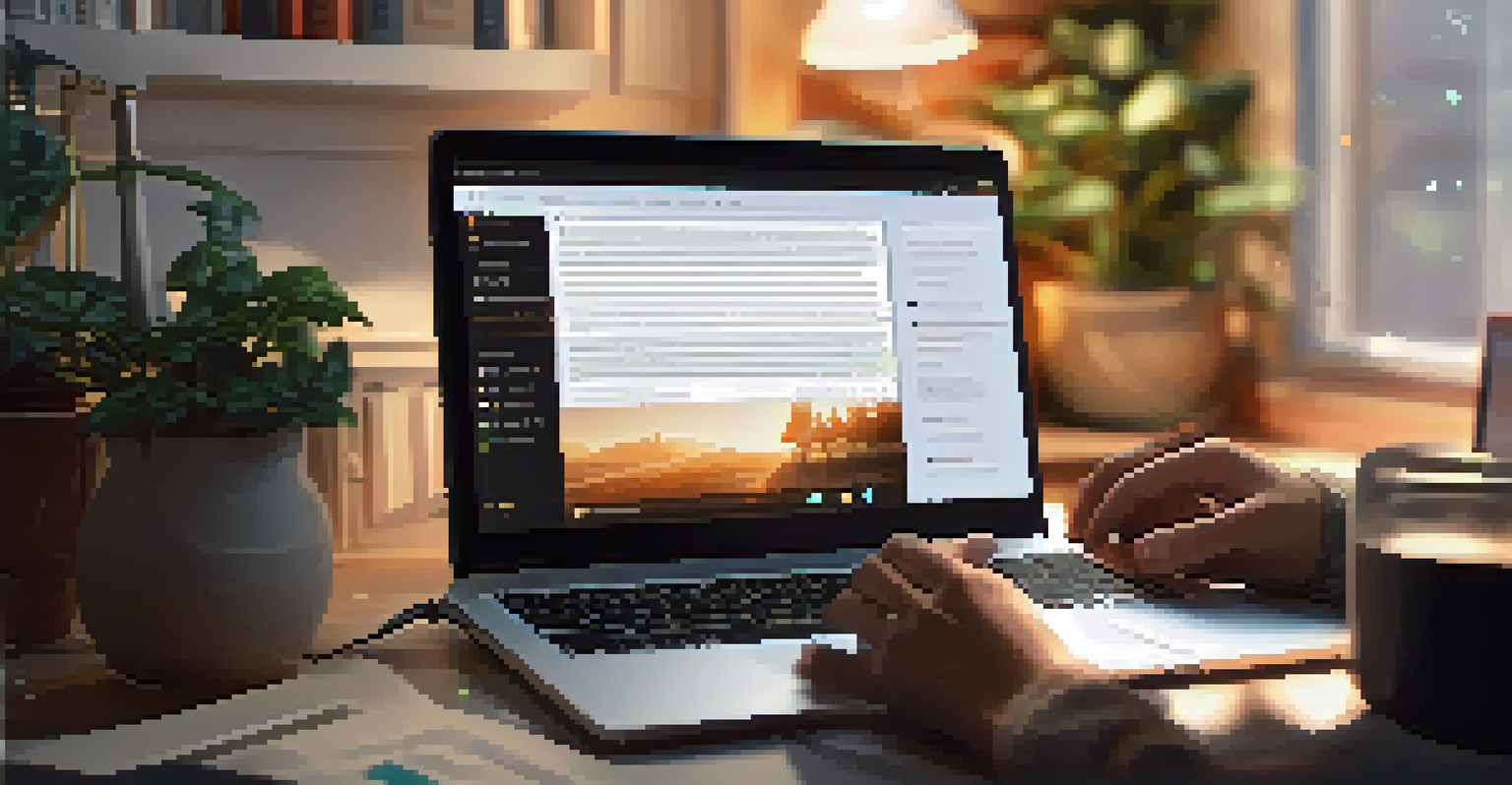 Close-up of hands typing on a laptop showing a digital communication tool interface in a cozy workspace.