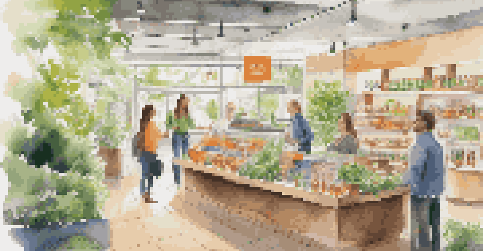 A vibrant store display showcasing eco-friendly products with customers browsing in a well-lit space surrounded by plants.