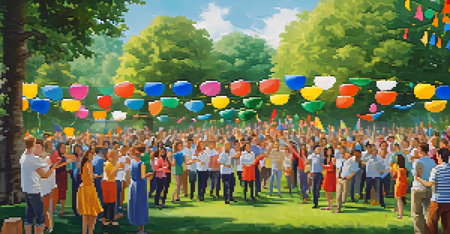 Employees engaging in team-building activities outdoors, with a festive atmosphere.