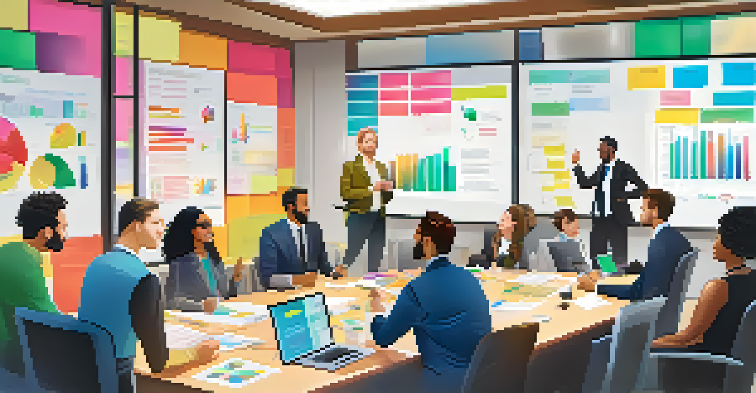 A diverse team collaborating in a conference room over sales forecasts displayed on a screen.