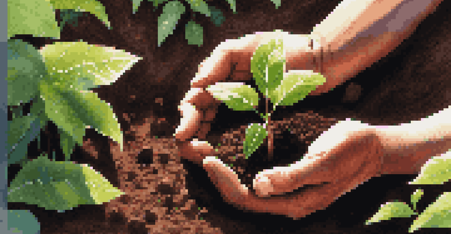 Close-up of hands planting a sapling in soil with sunlight filtering through leaves.