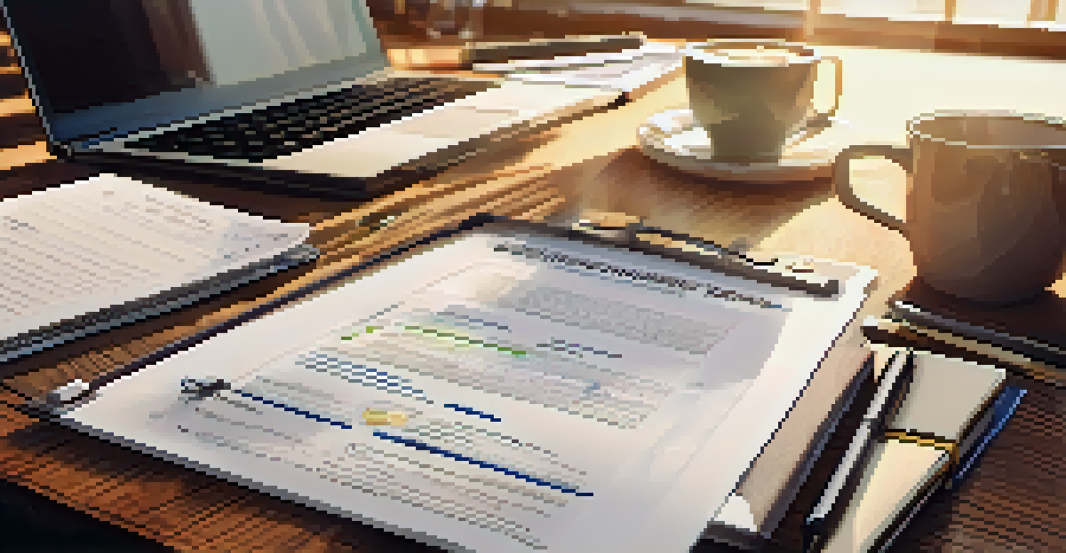 A business continuity plan document open on a wooden desk with a laptop and coffee cup, under soft lighting.