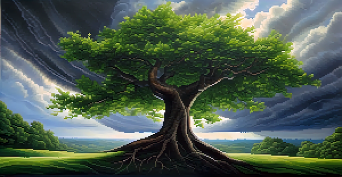 A strong tree bending in the wind against a backdrop of dark storm clouds and sunlight, representing resilience.
