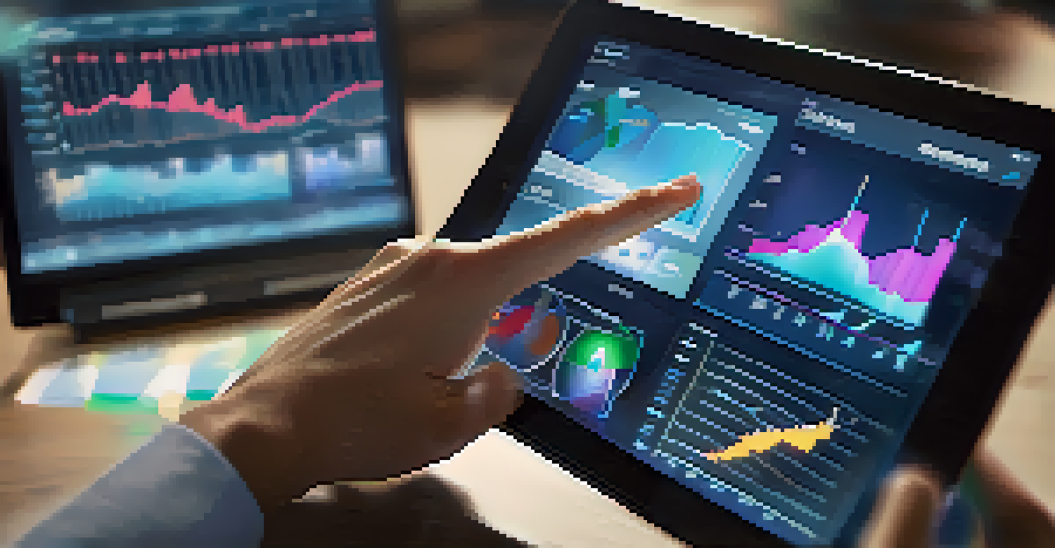 A close-up of a hand using a tablet showing colorful data analytics dashboards in a tech-driven office.