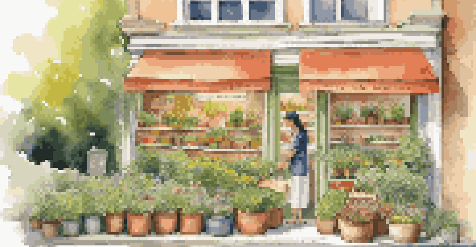 An outdoor scene of a shop owner tending to a garden, emphasizing sustainability and eco-friendly business practices.