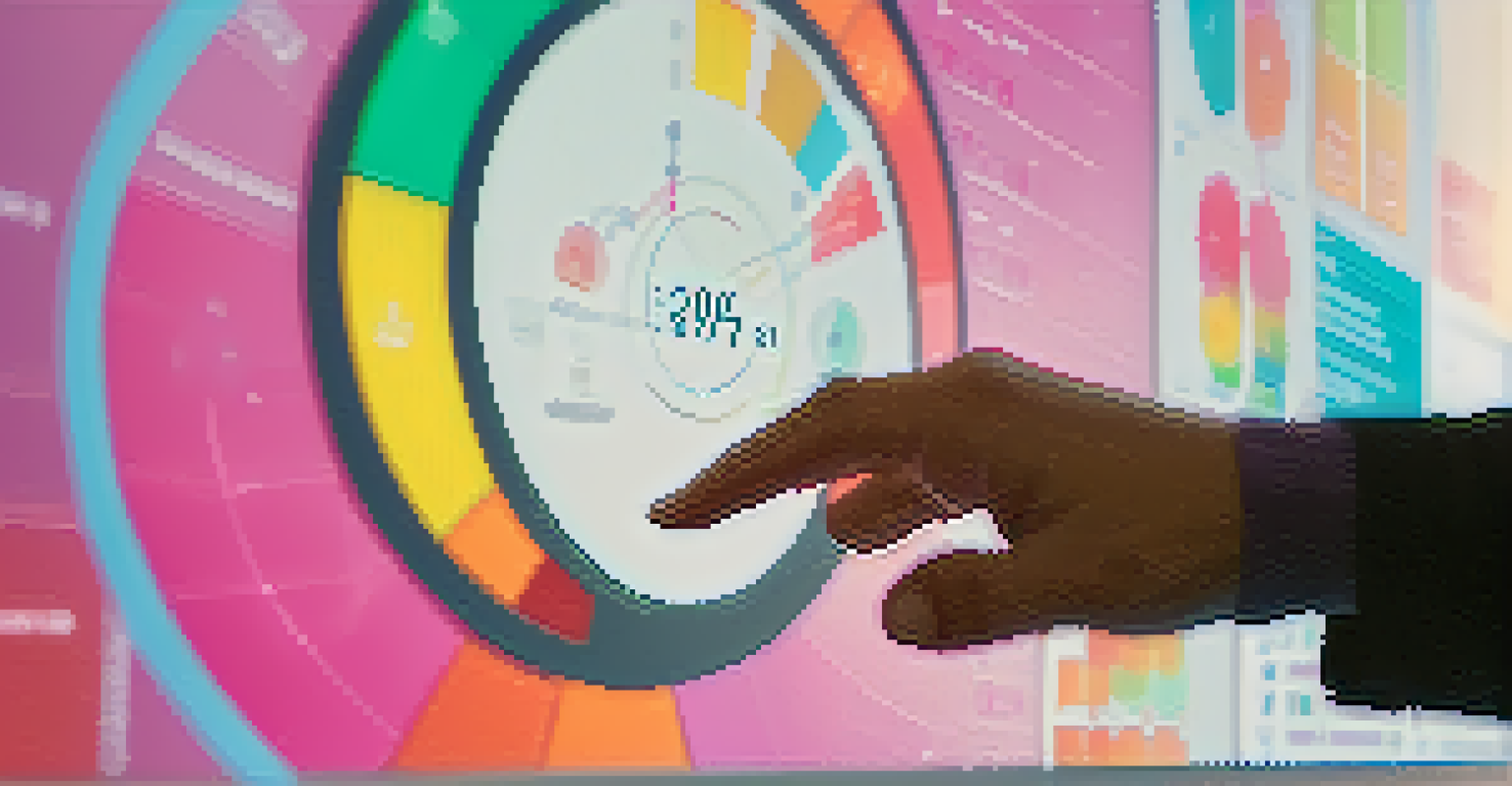 A close-up of a hand using a digital interface displaying colorful marketing data visualizations.