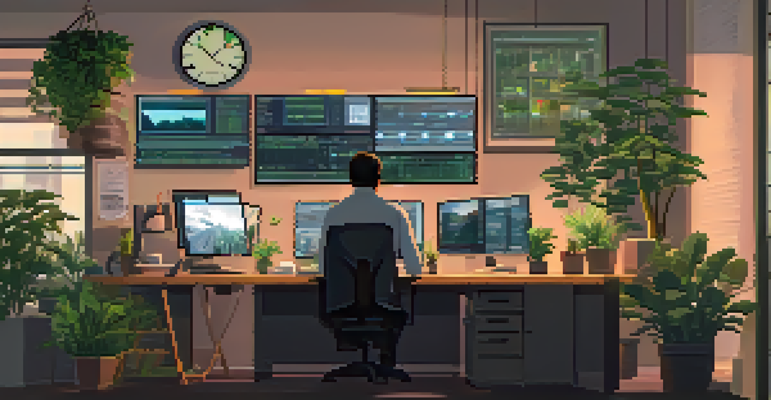An employee at their desk, viewing surveillance software on a computer screen, surrounded by plants and warm lighting, showcasing a balanced work environment.