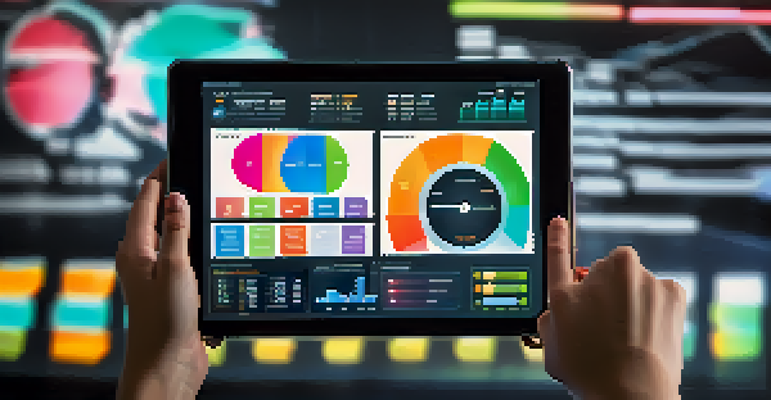 A close-up of a hand using a digital tablet that shows an automation dashboard with colorful graphs and statistics, set against a blurred background.