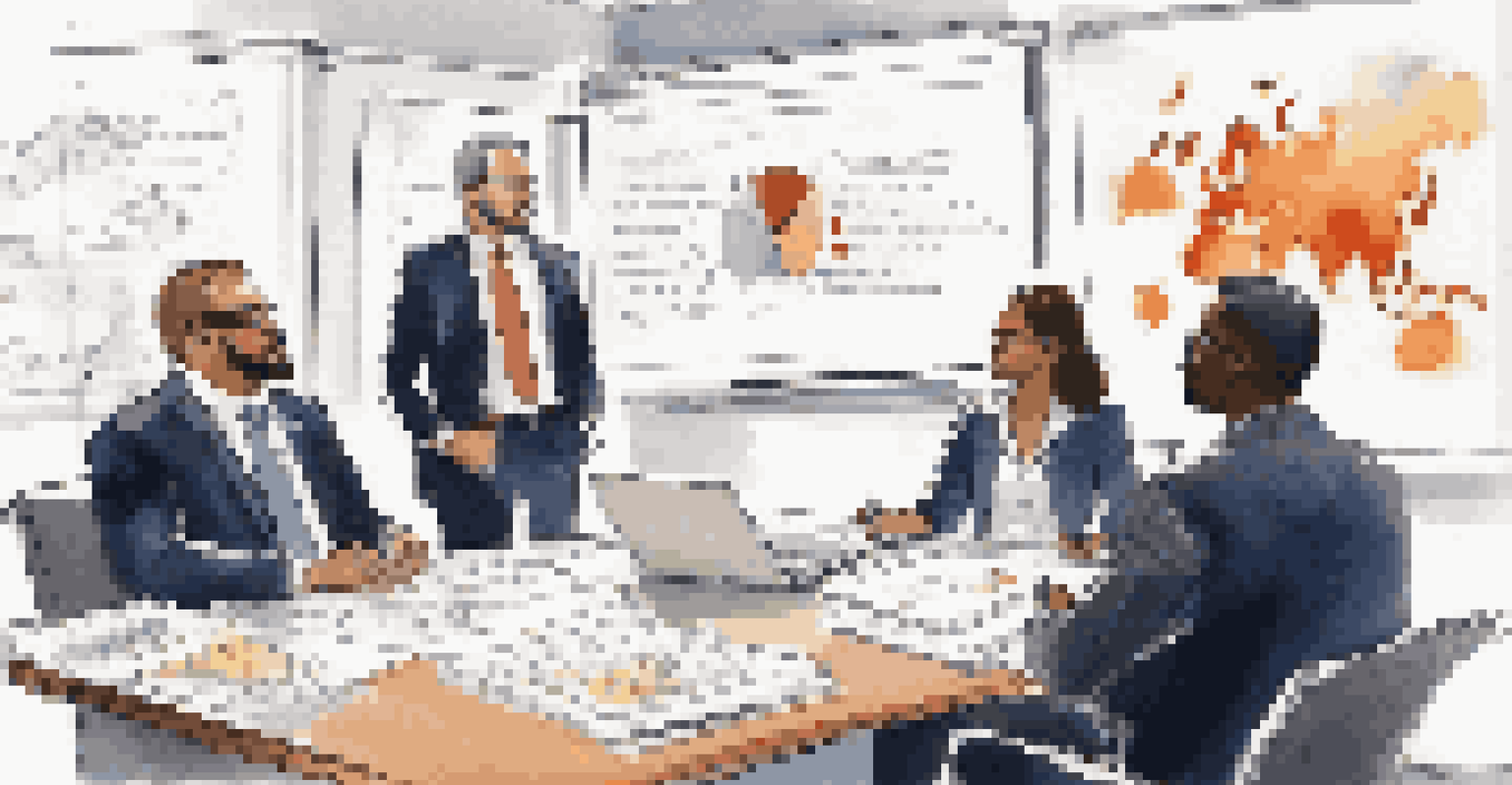 A diverse group of professionals discussing crisis management around a conference table, with charts and legal books, and a whiteboard filled with notes in a brightly lit room.