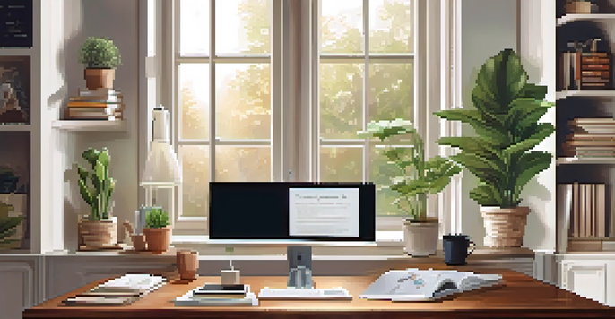 A stylish home office with a wooden desk, laptop, coffee cup, and potted plant, illuminated by natural light.