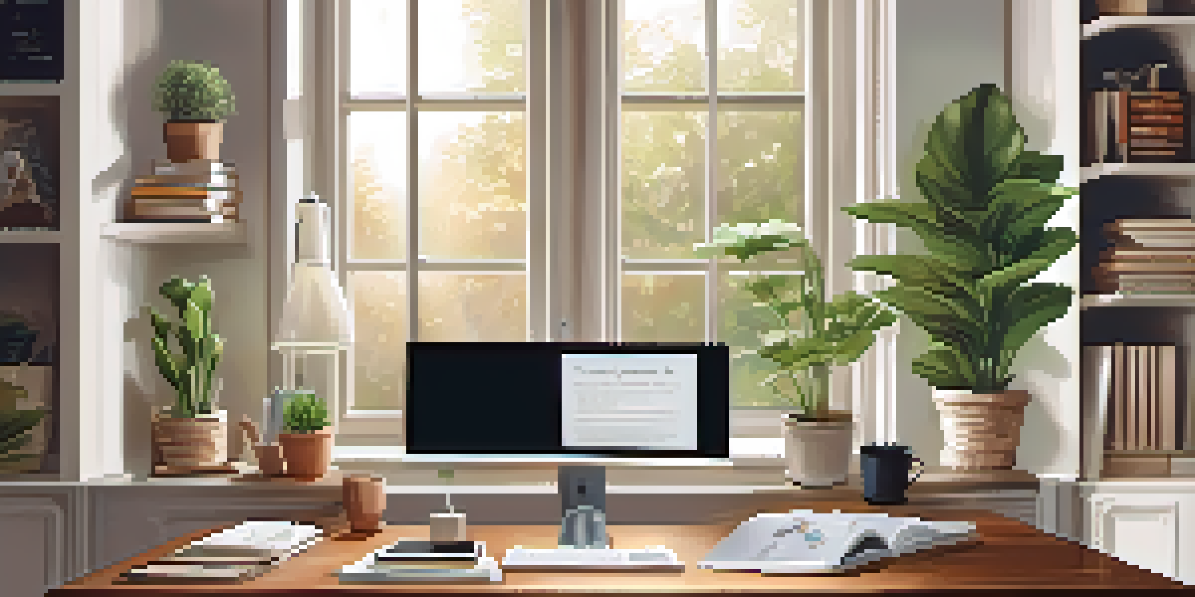 A stylish home office with a wooden desk, laptop, coffee cup, and potted plant, illuminated by natural light.