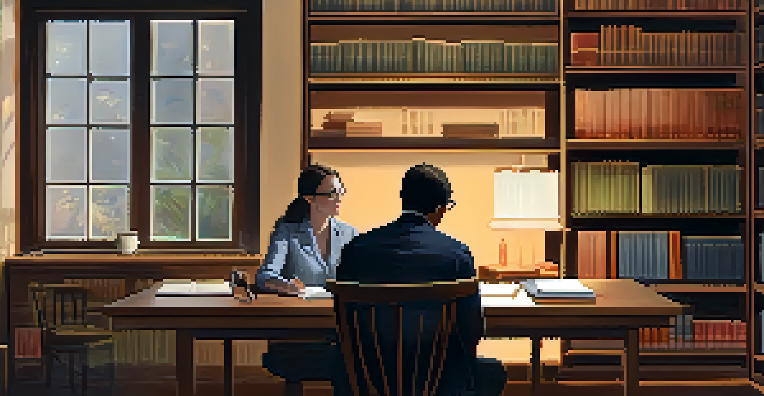 A researcher and a participant engaged in an interview at a small table in a warmly lit room.