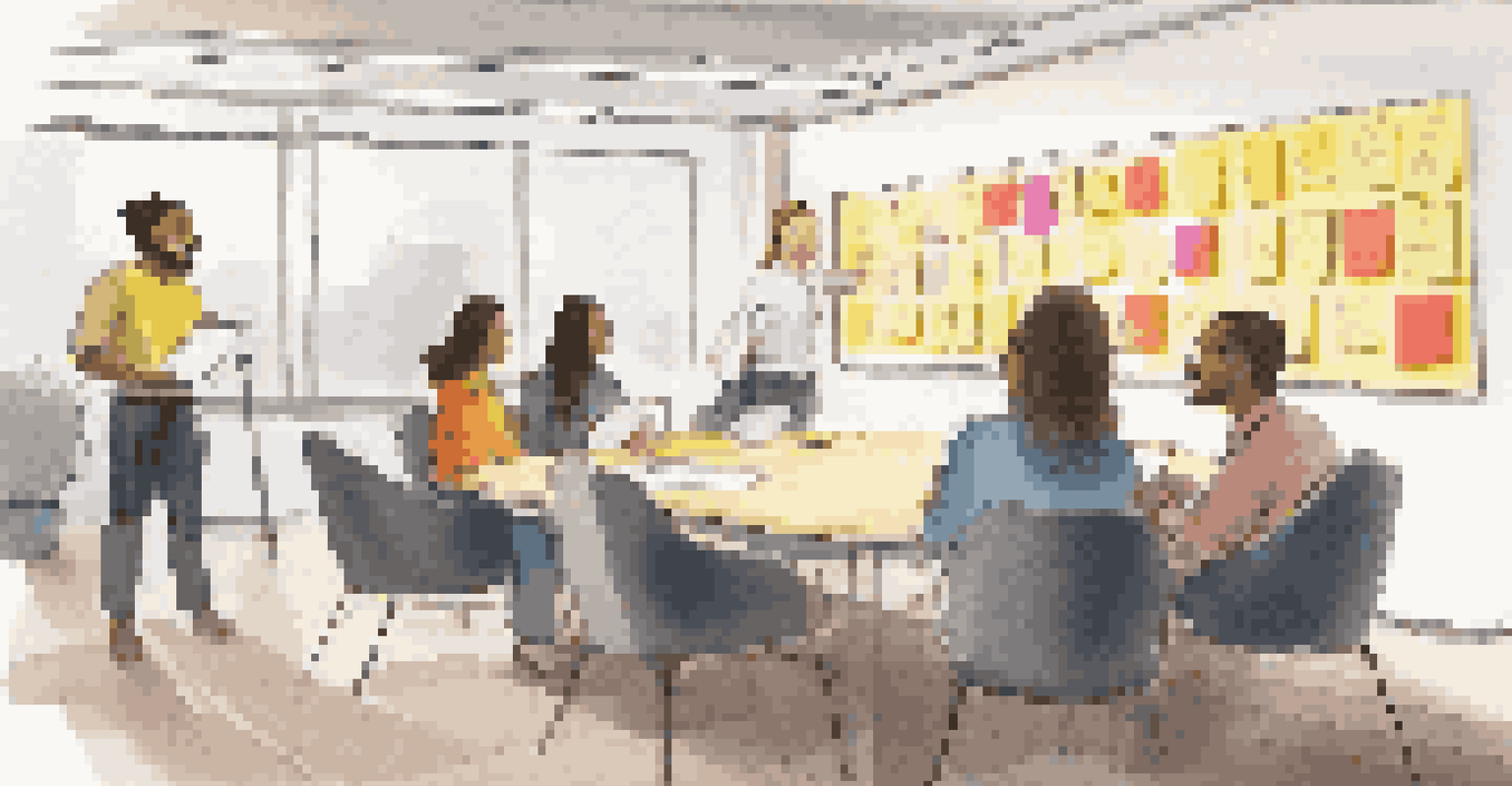 A cozy meeting room with a whiteboard full of colorful sticky notes, where diverse employees are brainstorming and writing ideas.