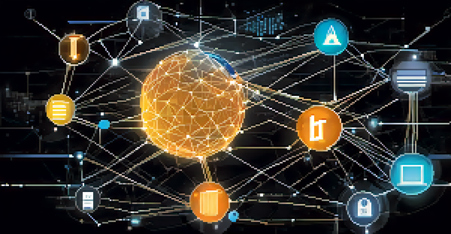 An artistic depiction of blockchain technology with interconnected nodes and glowing lines, highlighting supply chain management.